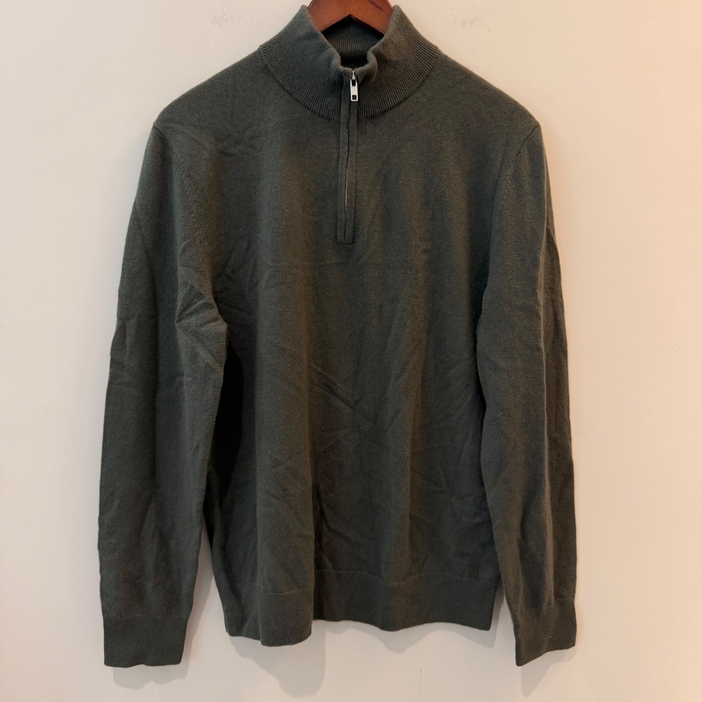 Quince Sweater Mongolian Cashmere Quarter Zip Lightweight Travel Moss Large NWOT - Picture 2 of 11
